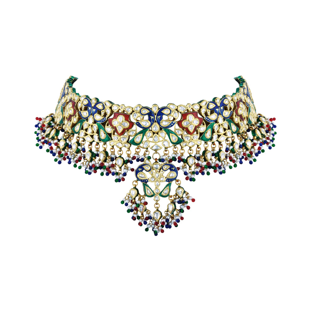 Polki Choker with Multicoloured Enamel and Beads